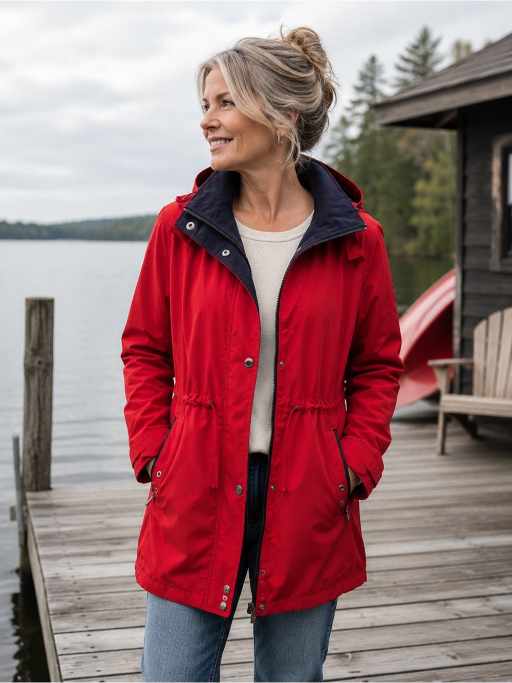 Liz Claiborne Red Hooded Utility Jacket with Navy Trim